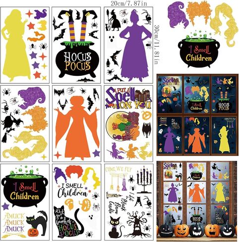 91 PCS Halloween Window Clings Decorations Witches Character Window Stickers Decals Black Witches Bat Spider Cat Pumpkin Halloween Window Stickers for Home and Halloween Party Decorations 9 Sheets in Saudi Arabia
