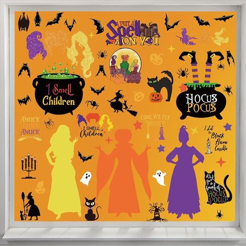 91 PCS Halloween Window Clings Decorations Witches Character Window Stickers Decals Black Witches Bat Spider Cat Pumpkin Halloween Window Stickers for Home and Halloween Party Decorations 9 Sheets in Saudi Arabia