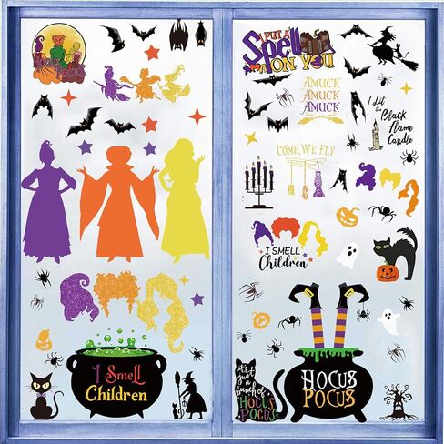 91 PCS Halloween Window Clings Decorations Witches Character Window Stickers Decals Black Witches Bat Spider Cat Pumpkin Halloween Window Stickers for Home and Halloween Party Decorations 9 Sheets in Saudi Arabia