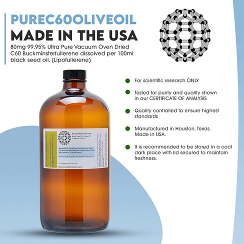 PureC60OliveOil C60 زيت الحبة السوداء العضوي 100 مل / 3.4 أونصة سائلة - 99.95% كربون 60 خالي من المذيبات 80 ملجم - زجاجة كهرمانية - زيت الحبة السوداء كربون 60 - من المنتج العالمي الرائد in Saudi Arabia
