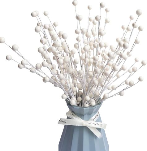 10 Pack Holly Berry Stem Picks, 14.4" Decorative Wire Berries Twig Stem Artificial Sprays for Christmas Tree Branches Fillers Decoration, Holiday Décor, Wreath Garland, Home DIY Crafts (10, White) in Saudi Arabia