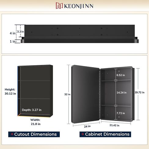 Keonjinn 17 × 25 بوصة خزانات طبية سوداء للحمام مع مرآة من الفولاذ المقاوم للصدأ مؤطرة مستطيلة مستديرة، أرفف قابلة للتعديل، خزانات طبية صغيرة ذات مرآة للحمام، مزرعة حديثة in Saudi Arabia