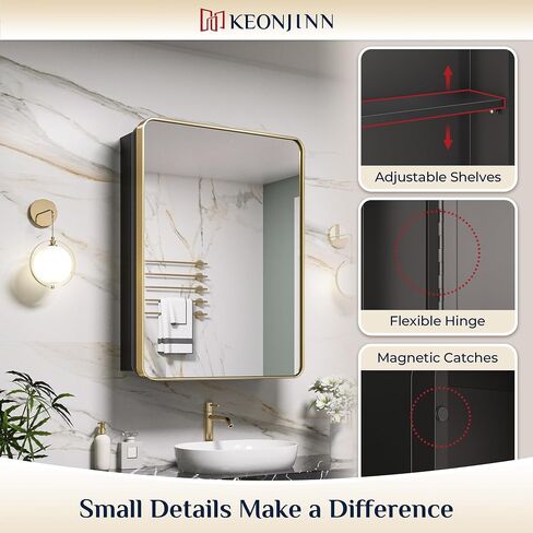 Keonjinn 17 × 25 بوصة خزانات طبية سوداء للحمام مع مرآة من الفولاذ المقاوم للصدأ مؤطرة مستطيلة مستديرة، أرفف قابلة للتعديل، خزانات طبية صغيرة ذات مرآة للحمام، مزرعة حديثة in Saudi Arabia