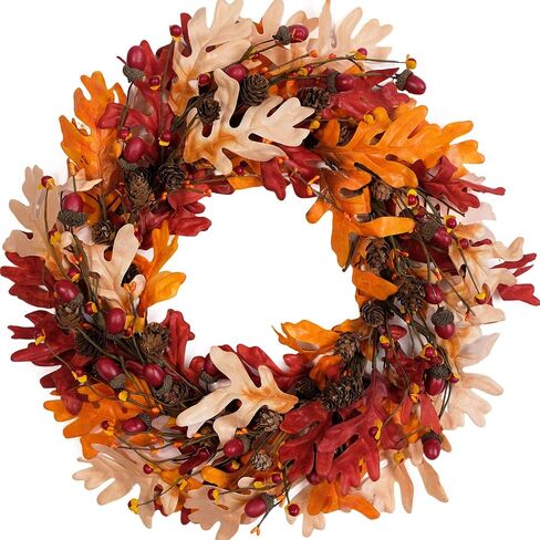 18" Fall Orange Maple Leaves Wreath for Front Door, Harvest and Thanksgiving Front Door Wreath with twig and Grain, Orange Leaves Autumn Wreath for Indoor and Outdoor in Saudi Arabia