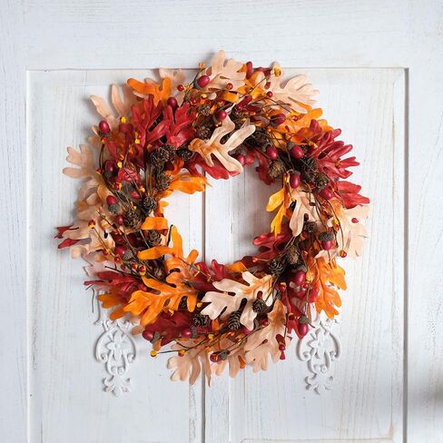 18" Fall Orange Maple Leaves Wreath for Front Door, Harvest and Thanksgiving Front Door Wreath with twig and Grain, Orange Leaves Autumn Wreath for Indoor and Outdoor in Saudi Arabia