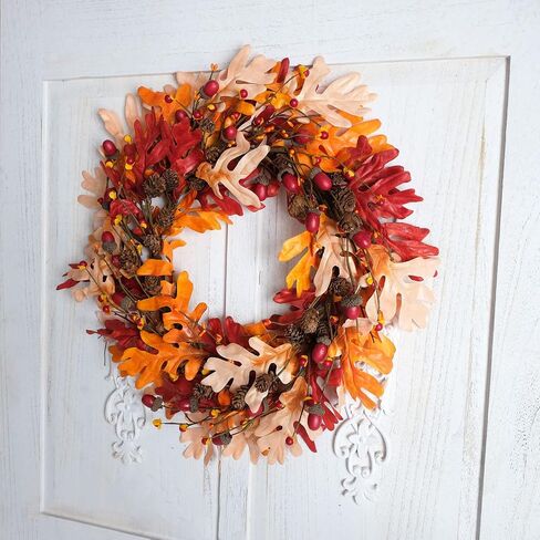 18" Fall Orange Maple Leaves Wreath for Front Door, Harvest and Thanksgiving Front Door Wreath with twig and Grain, Orange Leaves Autumn Wreath for Indoor and Outdoor in Saudi Arabia