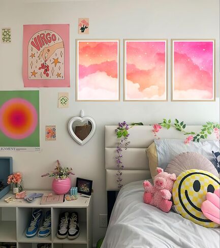 HK Studio Pink Wall Decor Coquette Aesthetic 11" x 17" Pack 3 - ديكور وردي سحابي لغرفة النوم، النوم، غرفة المعيشة، الحمام - ملصقات الحائط ديكور الغرفة للفتيات المراهقات in Kuwait