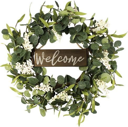 Green Eucalyptus Wreaths 20 Inches Front Door Wreath White Berries Welcome Sign Round Artificial Wreath Outdoor Porch Grapevine Farmhouse Greenery Wreaths for All Seasons Spring Summer Fall Winter in Saudi Arabia