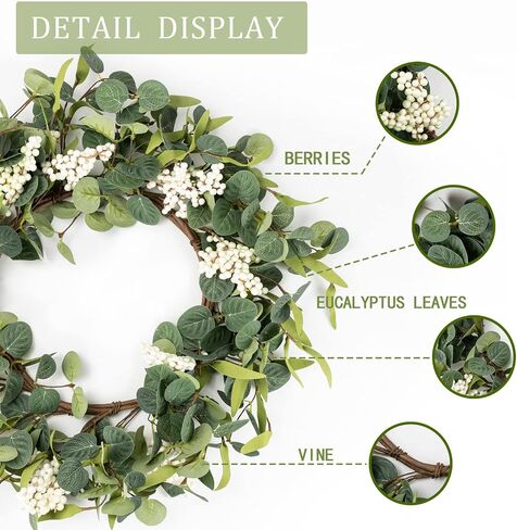 Green Eucalyptus Wreaths 20 Inches Front Door Wreath White Berries Welcome Sign Round Artificial Wreath Outdoor Porch Grapevine Farmhouse Greenery Wreaths for All Seasons Spring Summer Fall Winter in Saudi Arabia