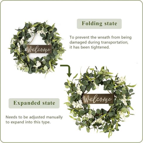 Green Eucalyptus Wreaths 20 Inches Front Door Wreath White Berries Welcome Sign Round Artificial Wreath Outdoor Porch Grapevine Farmhouse Greenery Wreaths for All Seasons Spring Summer Fall Winter in Saudi Arabia
