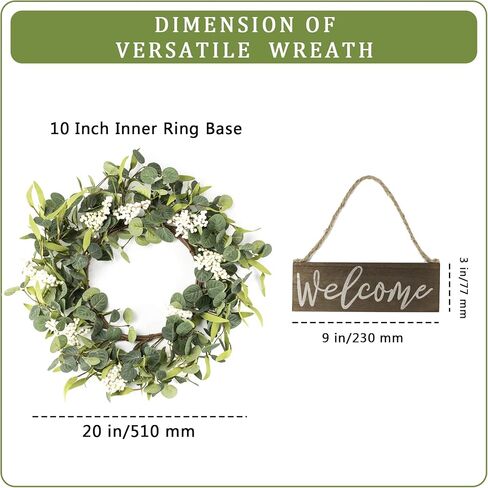 Green Eucalyptus Wreaths 20 Inches Front Door Wreath White Berries Welcome Sign Round Artificial Wreath Outdoor Porch Grapevine Farmhouse Greenery Wreaths for All Seasons Spring Summer Fall Winter in Saudi Arabia