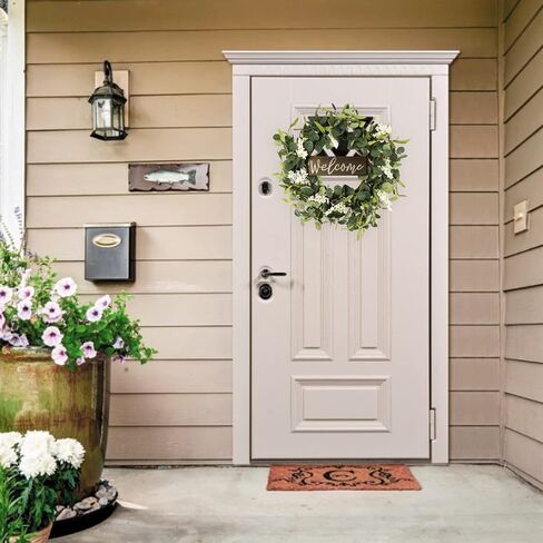 Green Eucalyptus Wreaths 20 Inches Front Door Wreath White Berries Welcome Sign Round Artificial Wreath Outdoor Porch Grapevine Farmhouse Greenery Wreaths for All Seasons Spring Summer Fall Winter in Saudi Arabia