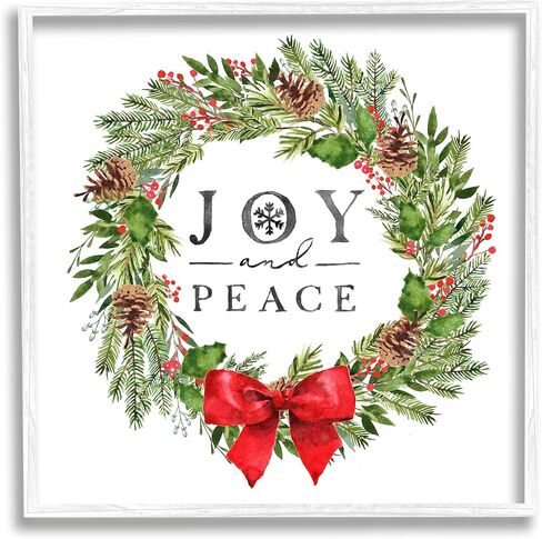 Stupell Industries Joy and Peace Holiday Phrase Winter Pine Wreath, Designed by Nina Pierce White Framed Wall Art, 12 x 12, Green in Saudi Arabia