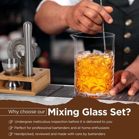 Cocktail 24oz Mixing Glass Set with Jigger, Muddler, Spoon, Hawthorne Strainer & Bamboo Stand - Mixology Pitcher for Stirrer Cocktails - Birthday Gifts for Friends & Family in Saudi Arabia