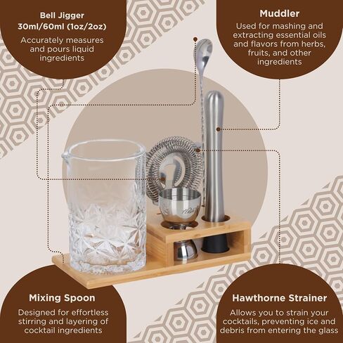 Cocktail 24oz Mixing Glass Set with Jigger, Muddler, Spoon, Hawthorne Strainer & Bamboo Stand - Mixology Pitcher for Stirrer Cocktails - Birthday Gifts for Friends & Family in Saudi Arabia