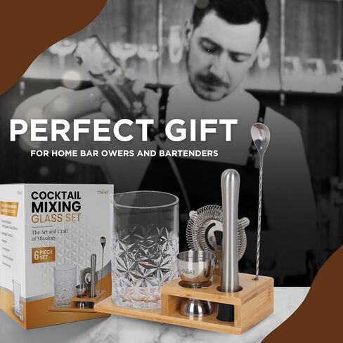 Cocktail 24oz Mixing Glass Set with Jigger, Muddler, Spoon, Hawthorne Strainer & Bamboo Stand - Mixology Pitcher for Stirrer Cocktails - Birthday Gifts for Friends & Family in Saudi Arabia