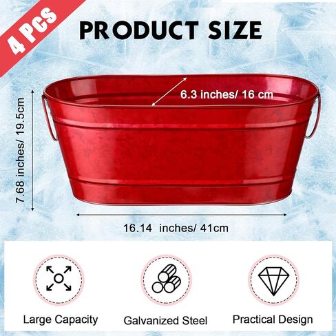 4 عبوات من حوض معدني مجلفن بيضاوي سعة 2.4 جالون، دلو معدني لحوض المشروبات مع مقابض دلاء مشروبات الثلج للحفلات، حوض معدني كبير لحفلات النبيذ وحفلات تخزين البيرة، مشروبات الشمبانيا (أحمر) in Kuwait
