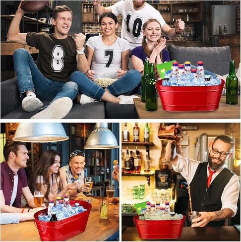 4 عبوات من حوض معدني مجلفن بيضاوي سعة 2.4 جالون، دلو معدني لحوض المشروبات مع مقابض دلاء مشروبات الثلج للحفلات، حوض معدني كبير لحفلات النبيذ وحفلات تخزين البيرة، مشروبات الشمبانيا (أحمر) in Kuwait