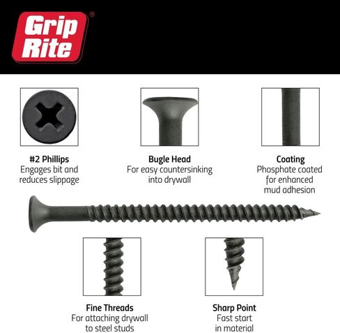 Grip-Rite 158DWS5#6 X 1-5/8" Phillips Bugle Head Fine Thread Sharp Point Drywall Screw, 5lb Box in Saudi Arabia