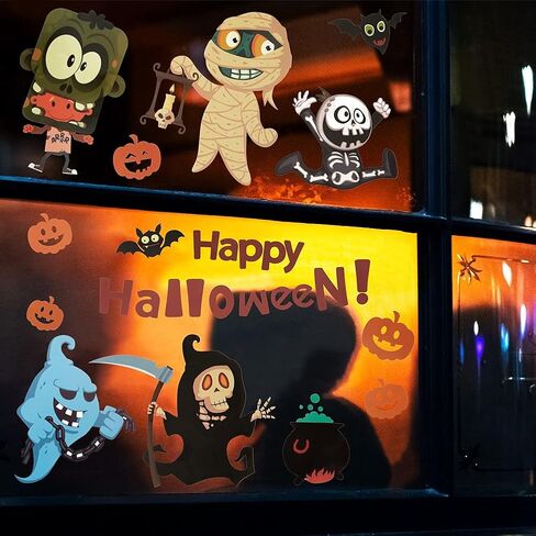 ملصقات نافذة الهالوين، 163 قطعة من ملصقات نافذة اليقطين الثابتة ديكورات لطيفة للهالوين للأطفال، شارات نافذة شبح شبح العنكبوت لحفلة الهالوين 10 ورقات in Kuwait