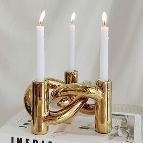 Mordern Ceramic Gold Knot Candle Holders, Nordic Minimalist Decor for 3 Taper Candles, Gold Candlestick for Living Room Coffee Table, Dinning Table, Party or Wedding