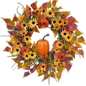 22 Inch Lighted Fall Wreath for Front Door Outside,Autumn Pumpkins Wreath with Maple Leaf Berries for Thanksgiving Autumn Fall Decor Harvest Festival Indoor Outdoor Decorations