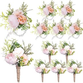 12 Pcs Wedding Corsage and Boutonniere Set Artificial Rose Wedding Corsage Wristband with Pins for Prom Men Bride Party Accessories Groom Groomsmen Bridesmaids Women