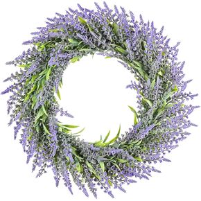 Lvydec Artificial Lavender Wreath Decoration, 16" Green Leaves Lavender Door Wreath for Farmhouse Wall Home Decoration
