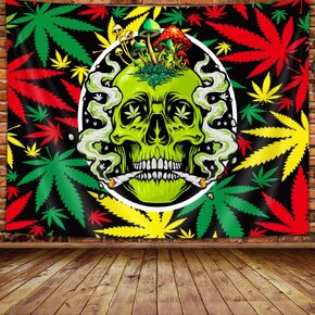 wathon trippy الأعشاب الماريجوانا نسيج التدخين الجمجمة الماريجوانا ورقة الجدار نسيج لغرفة النوم، مخدر التعادل صبغ ستونر المفروشات للرجال الجمالية الهبي الجدار ملصق الفن لديكور المنزل النوم 60x40in