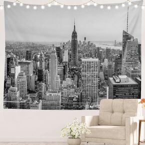 Batmerry New York City Skyline USA Tapestry, New York City Skyline in Black and White Picnic Mat Hippie Trippy Tapestry Wall Art Decor for Bedroom Living Room, 59.1 x 82.7 Inches