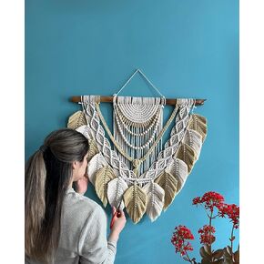 Knots & Beyond 'Leaf' Collection - Macrame Leaf Wall Hanging 30"x 25", Woven Tapestry, Boho Wall Art, Macrame Large Art, Ideal for Bohemian Living Room Wall, Cozy Minimalist Home Decor, or Farmhouse Wall Decoration