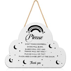 Baby Sleeping Wooden Hanging Sign for Front Door,Sleeping Baby Door Sign,Do Not Knock Sign,Dont Ring Doorbell Hanger Sign for Outdoor Outside Porch Door BOHO Kids Room Decor,9.8x11.8inch