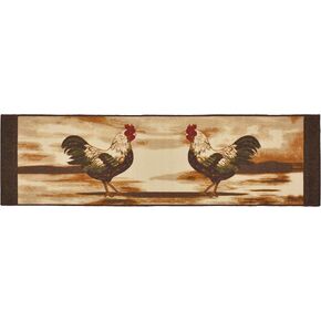 Kitchen Rooster Runner Rug Country Design Slip Skid Resistant Rubber Backing (Beige Brown, 1'10" x 6'11" Runner)