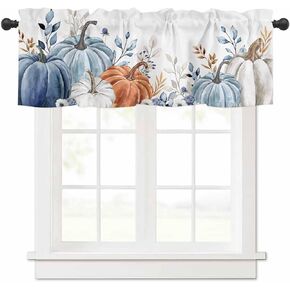 Fall Blue and White Pumpkins Flower Valance Curtains for Kitchen Window 54x18 Inch,Thanksgiving Orange Pumpkin Rod Pocket Small Curtain for Living Room Watercolor Floral Valances for Bathroom/Bedroom