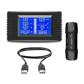 HiLetgo PZEM-015 Digital Ammeter Voltmeter Energy Meter DC0-200V 0-100A Battery Capacity Indicator DC Power Kwh SOC Impedance Resistance with USB Shunt Dual USB Cable Length 1M