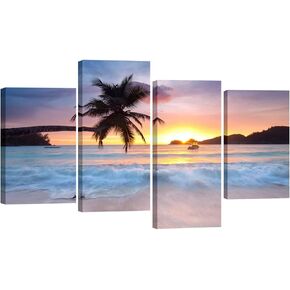 Pyradecor Sunrise Beach Theme Canvas Prints Wall Art Ocean Sea Pictures Paintings for Living Room Bedroom Home Office Decorations Modern 4 Piece Stretched and Framed Seascape Giclee Artwork