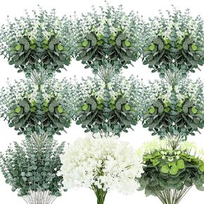 200 Pcs 3 Type Mixed Artificial Flowers Bulk Include 100 Pcs Babys Breath Flower 50 Pcs Faux Eucalyptus Leave Stems 50 Pcs Fake Silver Dollar Eucalyptus with Seed for Wedding Bouquet Home Decor