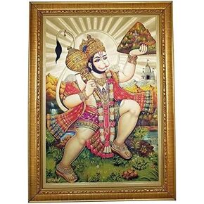 Galaxie Karmaa Golden Color Flying Hanuman Bajrangbali Photo Picture with Frame