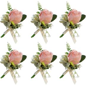 Set of 6 Rose Boutonniere for Men Wedding, Groom and Best Man Boutonnieres with Artificial Flower for Wedding Prom Party (White)