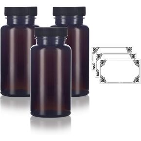 JUVITUS 5 oz Amber Plastic PET Packer Bottle with Black Ribbed Lid (3 pack) + Labels