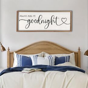 flowtorely Always Kiss Me Goodnight Wall Sign For Master Bedroom Above Bed Wall Decor 40''×15'' Large Rustic Solid Wood Frame For Farmhouse Couples Above bed Wall Art Decoration (White)