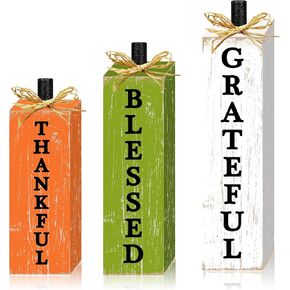 Thankful Blessed Grateful Tabletop Signs Thanksgiving Pumpkin Tiered Tray Wooden Signs Vintage Fall Decorations for Home Farmhouse Wood Blocks for Fall Autumn Home Kitchen Harvest Shelf Decor