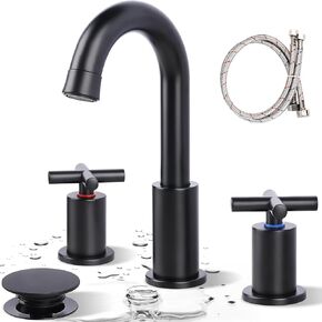 Chrome Bathroom faucets 3 Hole,8 inch Bathroom Sink Faucet with Pop Up Drain & cUPC Faucet Supply Hoses,360°Swivel Spout Widespread Bathroom Faucet,2 Handle Vanity Faucet for Bathroom Sink