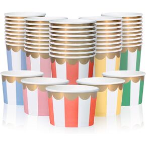 Paper Ice Cream Cups - 50-Count 9-Oz Disposable Dessert Bowls for Hot or Cold Food, 9-Ounce Party Supplies Treat Cups for Sundae, Frozen Yogurt, Soup, 5 Colors Pastel Stripes with Scalloped Gold Foil