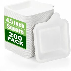 Elsjoy 200 Pack 4.5 Inch Small Paper Plate, Bulk Disposable Paper Cake Plate Square Mini Dessert & Appetizer Plate, Party Snack Plates for Wedding, Birthday, Dinner, Made of Sugarcane Bagasse Fiber