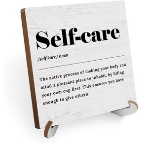 Self Care Definition Wood Sign Desk Decor Motivational Mental Health Rustic Office Cubicle Decor Inspirational Quotes Plaque with Wooden Stand Therapist Office Desk Accessories for Home Table Shelf