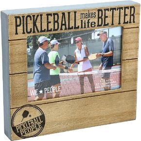 Pavilion Gift Company Pickleball Makes Life Better Horizontal 6.75" x 7.45" MDF Self-Standing Picture Frame, 4" x 6" Photo Holder, Brown & Black