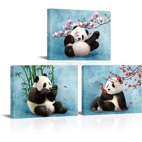sechars Cute Animal Canvas Wall Art Baby Panda Playing with Flower Pictures Print Chinese Style Painting Artwork Stretched and Framed Artwork for Kids Bedroom Living Room Nursery Decor (Small)