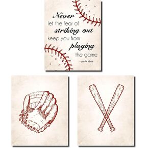Set of 3 Baseball Prints | Unframed Baseball Wall Decor For Sports Fans | Boys Room Decor | Baseball Inspirational Quote | Baseball Stuff | Boys Bedroom Decor | Size 11×14 inches