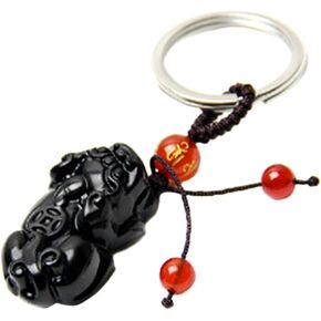 Betterdecor Handmade Feng Shui Obsidian Pi Yao/Pi Xiu Key Chain or Hanging for Wealth Luck Pouch